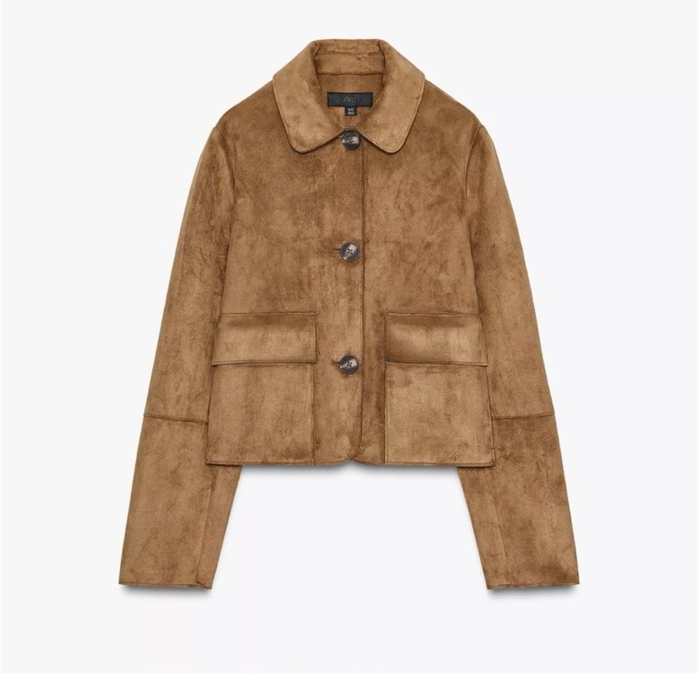 Zara Faux Suède cropped Jacket taupe brown.